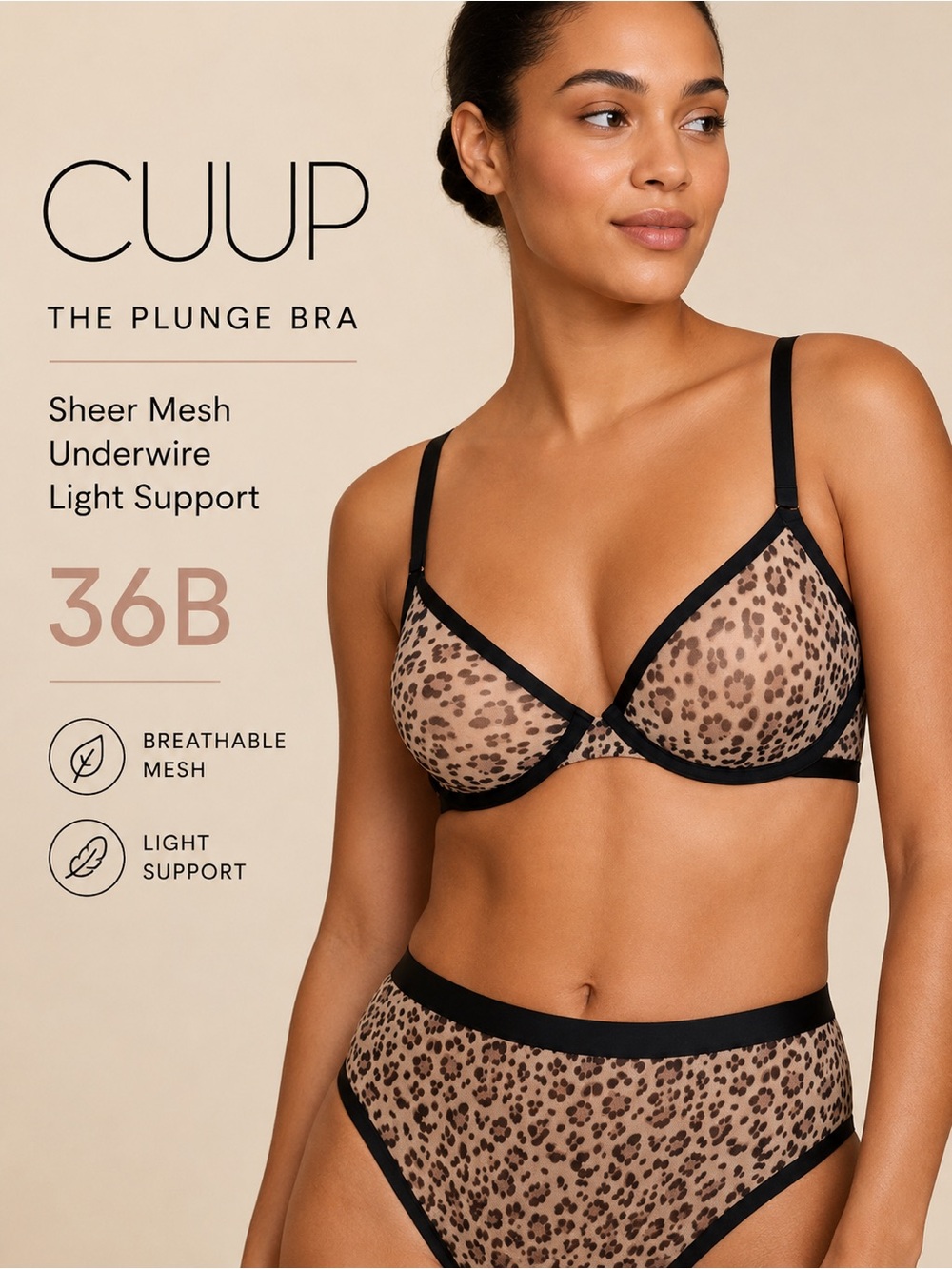 CUUP Plunge Bra - Leopard Sheer Mesh in Brown and Black